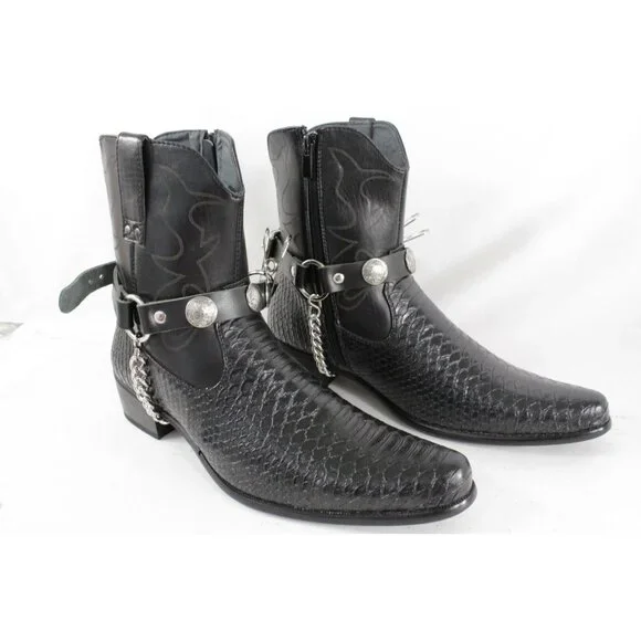 Men Boots Chains Pair Black Faux Leather Strap Native American Charm Motorcycle